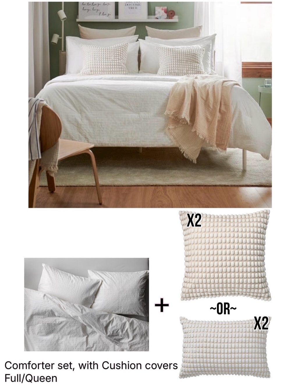 White Comforter Full/Queen Set with Off White Decorative Cushion Covers